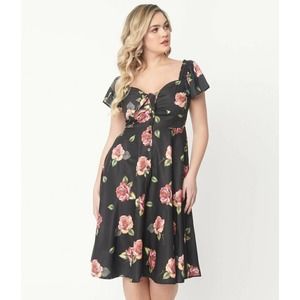 NWT Unique Vintage Black Floral Print A Line Button Front Dress Size M 6 8 Retro